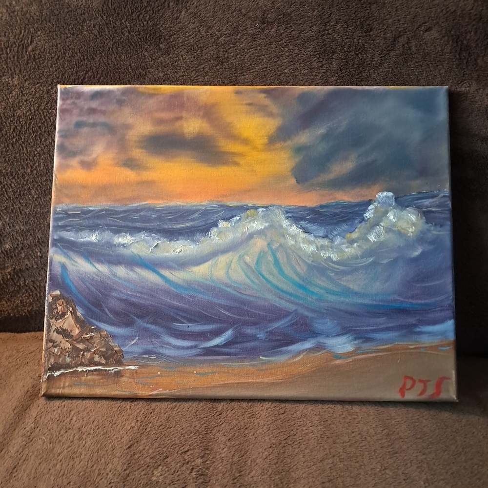Bob Ross Inspired Hand Painted Canvas Oil Paint Ocean Scene